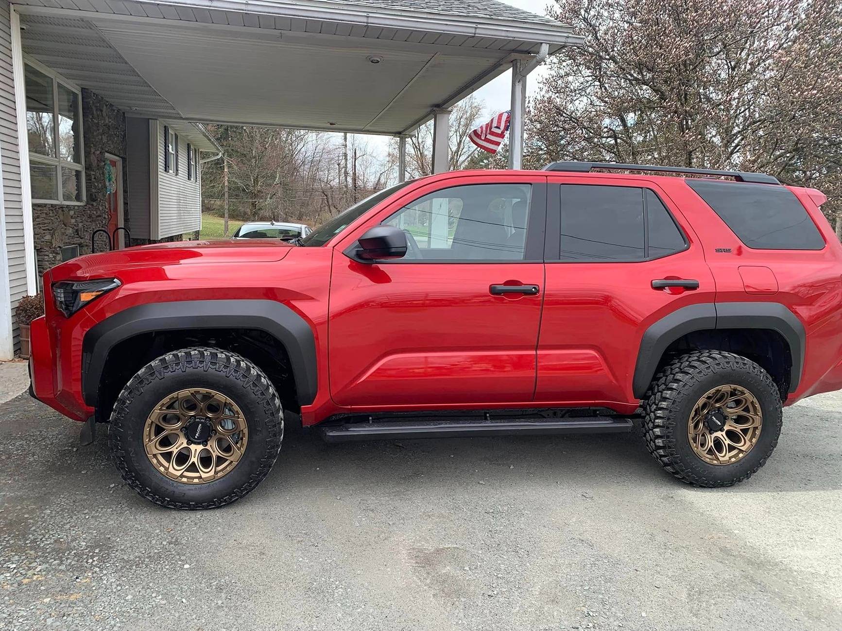 2025 Toyota 4runner SUPERSONIC RED Photos 4Runner 6th Gen (2025+) Supersonic Red SR5 on -12 offset wheels and Cooper Evolution M:T tires 2