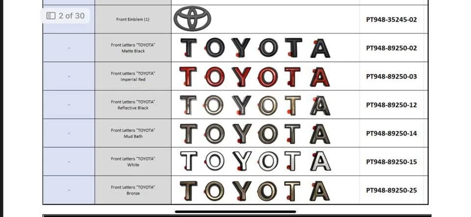 2025 4runner 6th gen Heritage Grille letters - color matched overlays part numbers (Matte Black, Imperial Red, Reflective Black, Mud Bath, White, Bronze) IMG_7819