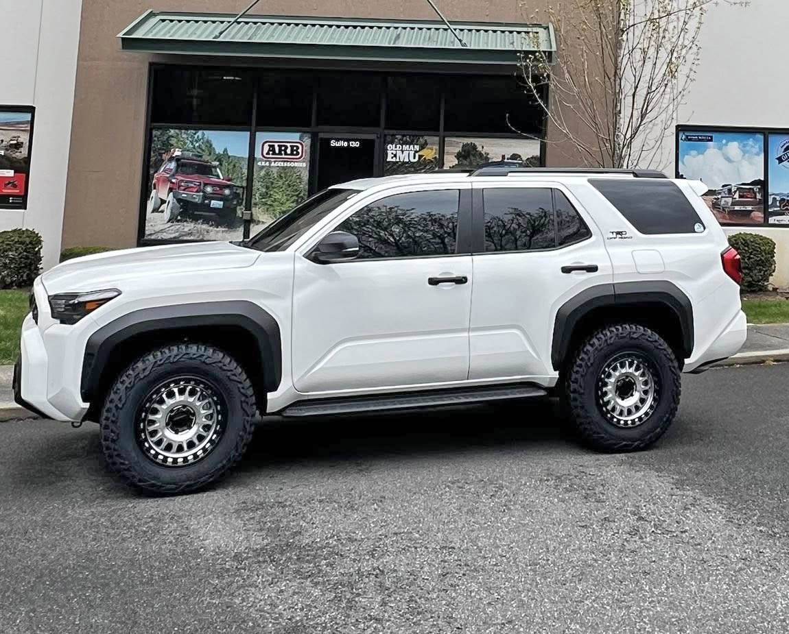 2025 4runner 6th gen ICE CAP WHITE Photos 4Runner 6th Gen (2025+) TRD Off-Road ORP stock suspension w: KMC wheels +30 offset. Mickey Thompson Baja Boss A:T (275