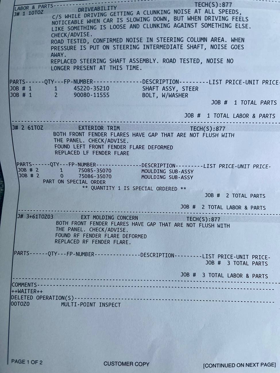 2025 Toyota 4runner Warranty Replacement: Steering Shaft Assembly - Clunking Noise Issue Fixed IMG_4987
