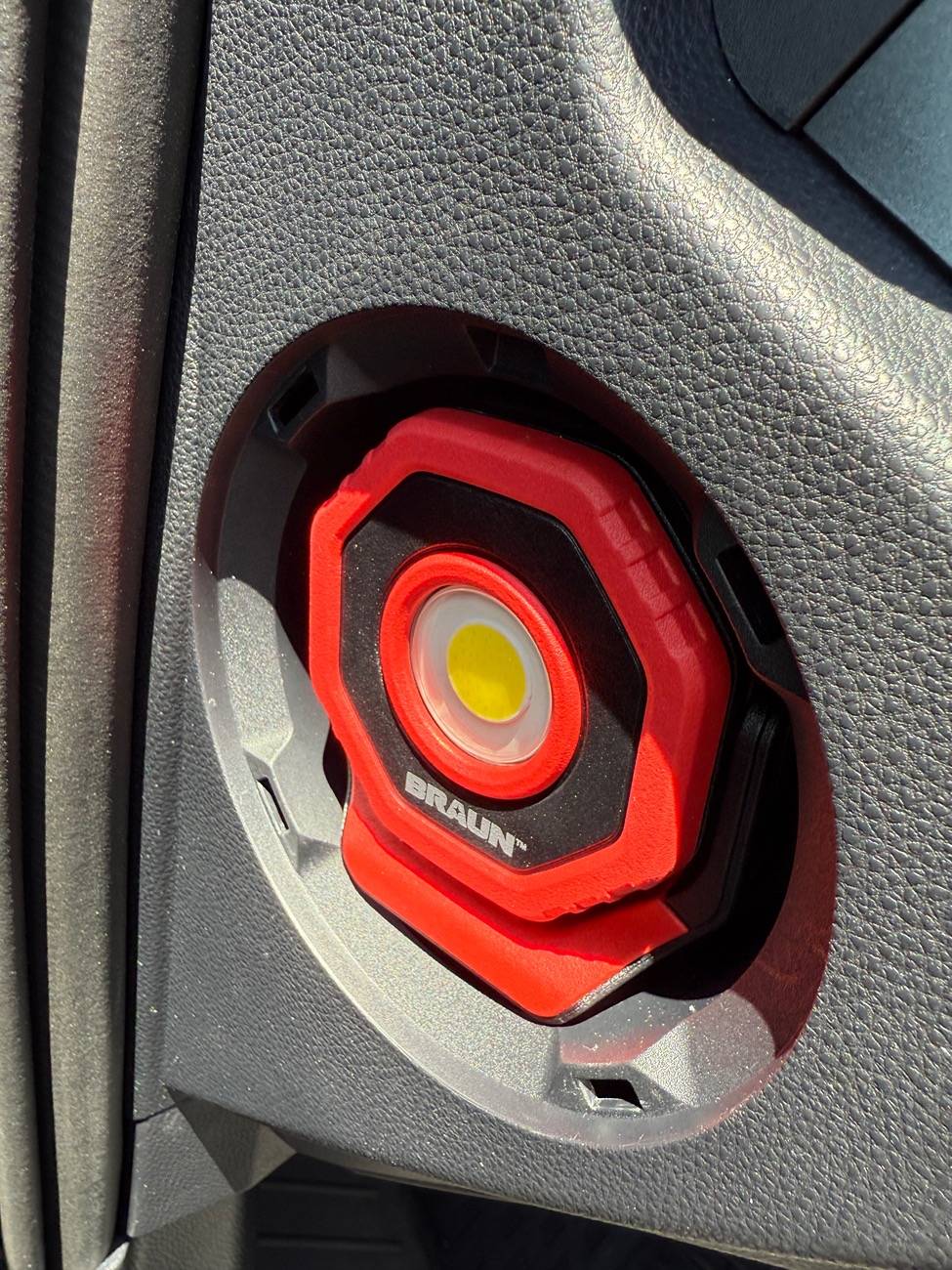 2025 Toyota 4runner Better LED flashlight than OEM for side dash storage cubby (Braun Pocket Flood Light $30). Videos added IMG_0278