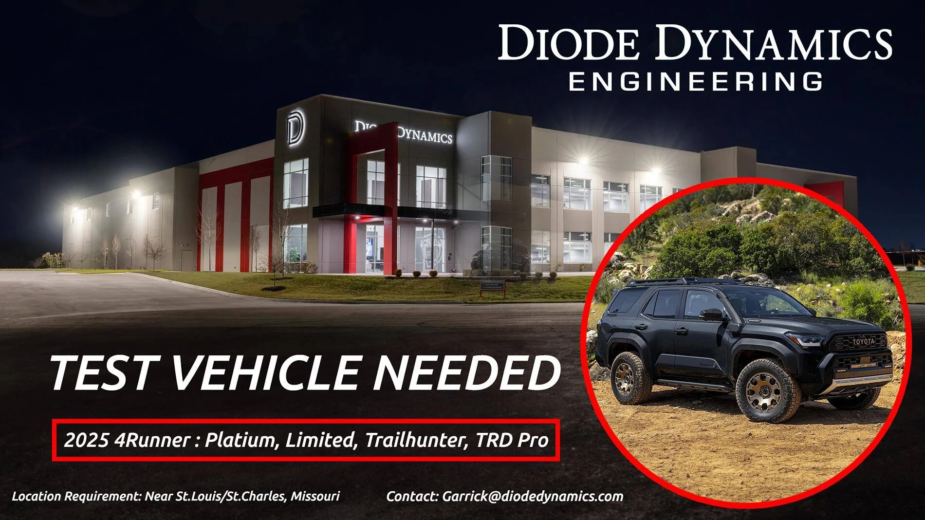 2025 4runner 6th gen Seeking 2025 Toyota 4Runner (Platinum, Limited, Trailhunter, or TRD Pro) for Product Testing – St. Louis Area Engineering Vehicle Search