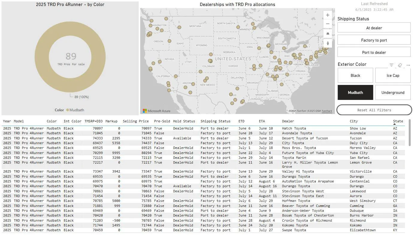 2025 4runner 6th gen TRD Pro Mudbath allocations / deliveries - how many made it to US so far? mudbath
