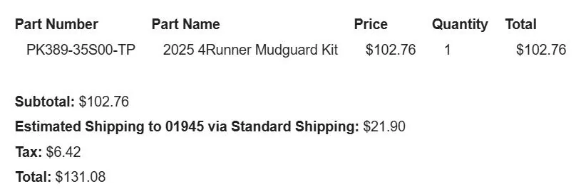 2025 4runner 6th gen Part number for OEM mud guards that fit Off Road Premium? 1749424123236-uy