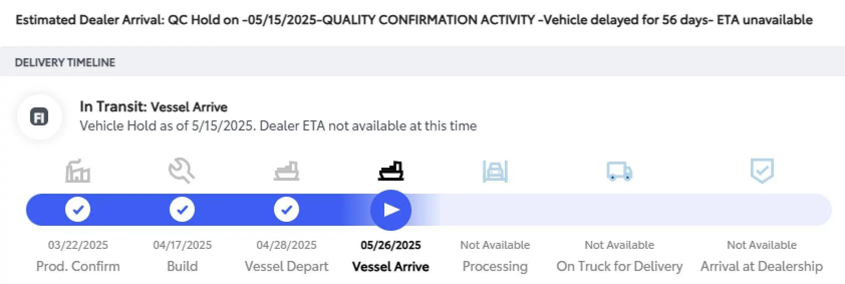 2025 Toyota 4runner What is "Quality Hold" Status Screen Shot 2025-06-27 at 11.43.46 AM