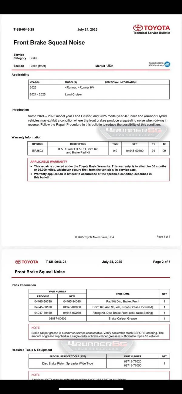 2025 4runner 6th gen Front Brake Squeal Noise Fix - official TSB brakes fix! (TSB-0046-25) brake-squeal-noise-tsb-fix