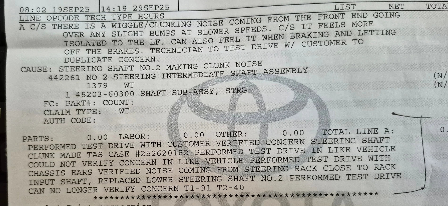 2025 4runner 6th gen Warranty Replacement: Steering Shaft Assembly - Clunking Noise Issue Fixed 20250929_144551