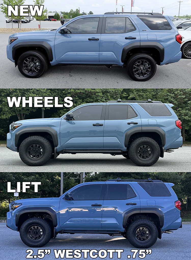 2025 4runner 6th gen Westcott Level Lift (2.5" / 0.75") on SR5 4x4 - comparison side shots (before & after photos) Westcott Before Afte_SML