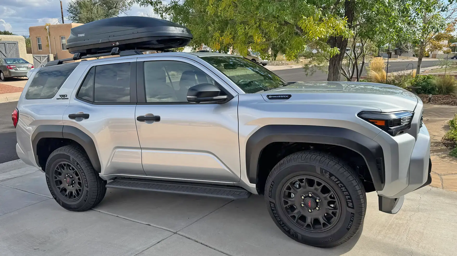 2025 4runner 6th gen Thule roof cargo box install on Toyota cross bars (on TRD ORP factory roof rack) Thule cargo box installed on 2025 4Runner TRD Off-Road Premium ORP hybrid