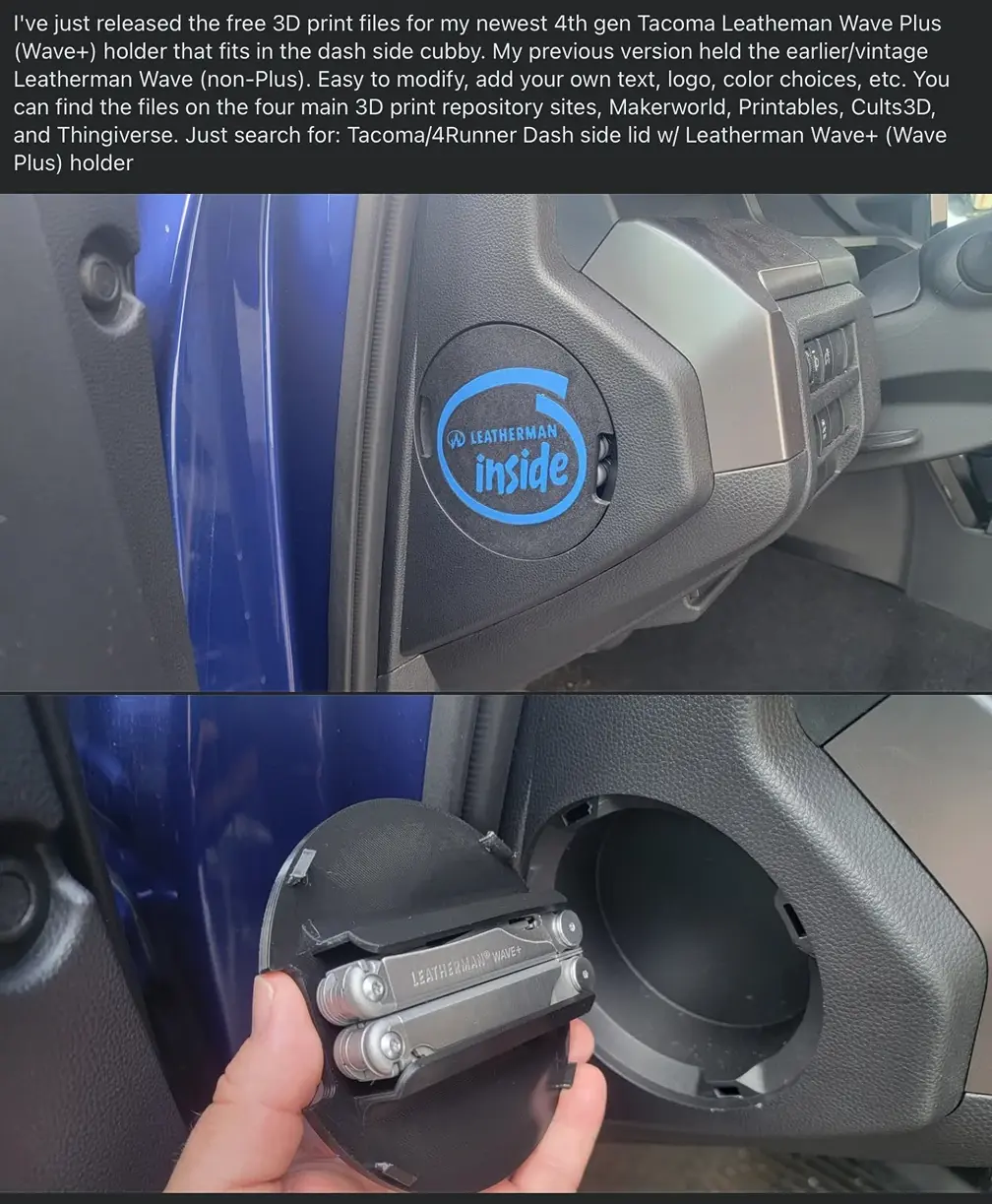 2025 4runner 6th gen Dash Cubby Cover w/ built-in Leatherman holder - 3D print file Screenshot 2025-12-01 at 10.36.05 PM