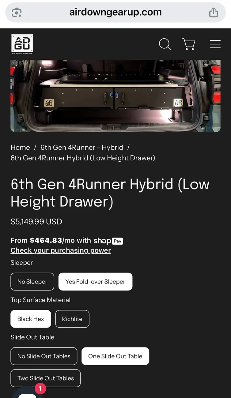 2025 4runner 6th gen Drawer System: Air Down Gear Up Low-Height — 6th Gen Hybrid 4Runner; Pickup only in Montrose, CO $3250 OBO IMG_3615