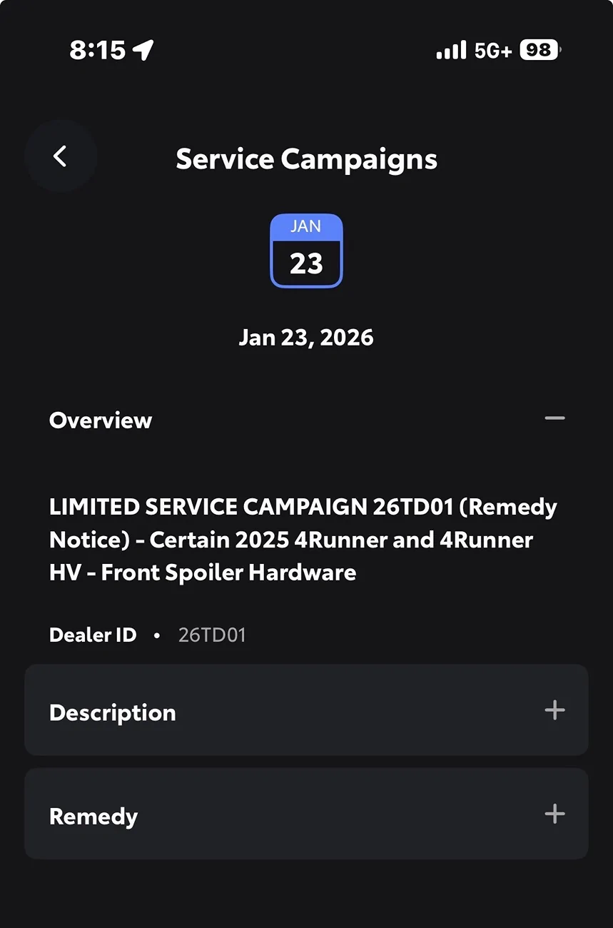 2025 4runner 6th gen Front Spoiler “Recall” Notice IMG_0643