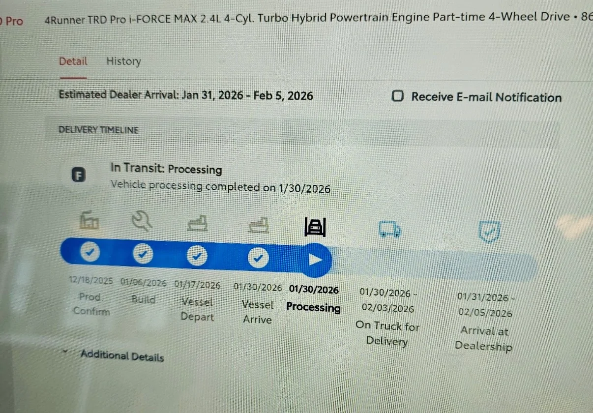 2025 4runner 6th gen 4Runner Production & Delivery Timeline: How long from build at plant to arrive at port & delivery to dealership IMG_5432