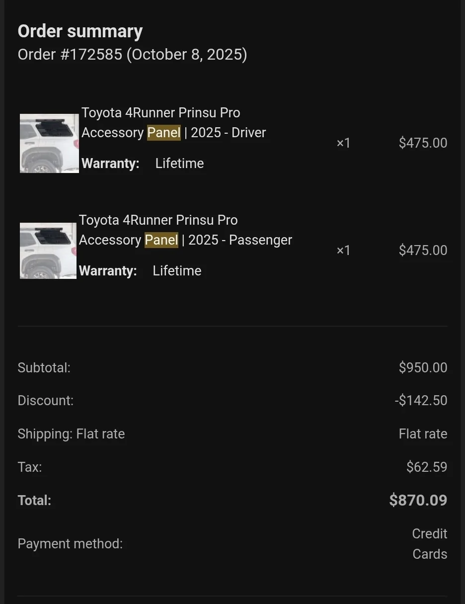 2025 4runner 6th gen Prinsu Pro Rack, Prinsu Molle Panels, Prinsu Ladder for Sale Screenshot_20260310_141950_Gmail