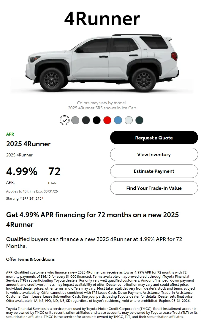 2025 4runner 6th gen 4.99% APR financing on 4R's @ 72m (expires 3-31-26) 1773666542786-z2