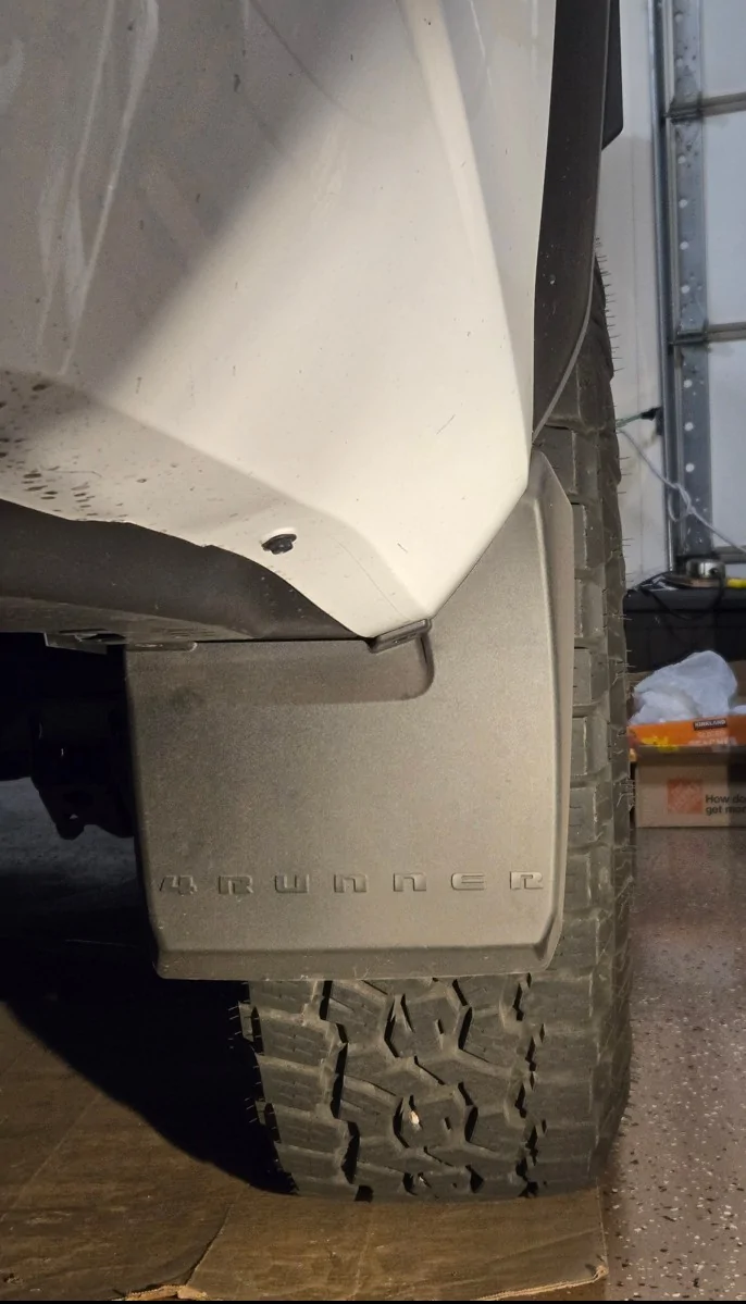 2025 4runner 6th gen Tufskinz Mudflaps installed (w/ comparison vs. ARK Mid mud flaps) on 2026 ORP OEM REAR VIEW