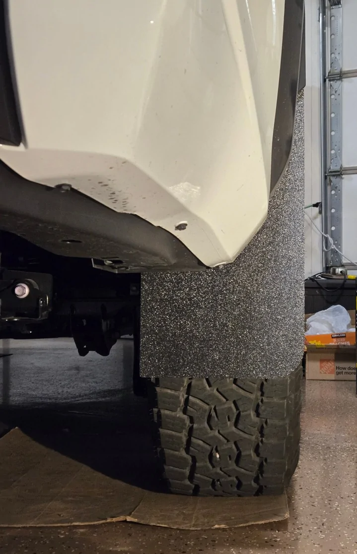 2025 4runner 6th gen Tufskinz Mudflaps installed (w/ comparison vs. ARK Mid mud flaps) on 2026 ORP TUFSKINZ REAR VIEW
