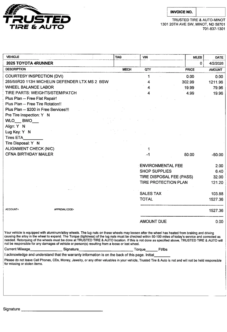 2025 4runner 6th gen Replaced OEM Dunlop Grandtrek PT5A with Michelin Defender LTX MS2 2026-04-02 Trusted Tire Purchase (redacted)