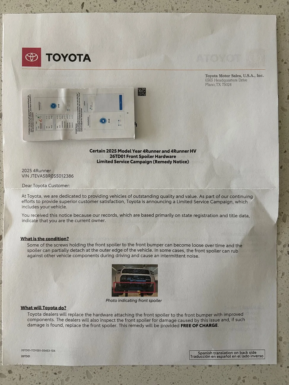 2025 4runner 6th gen Front Spoiler Hardware (air dam screws) recall campaign letter IMG_0502