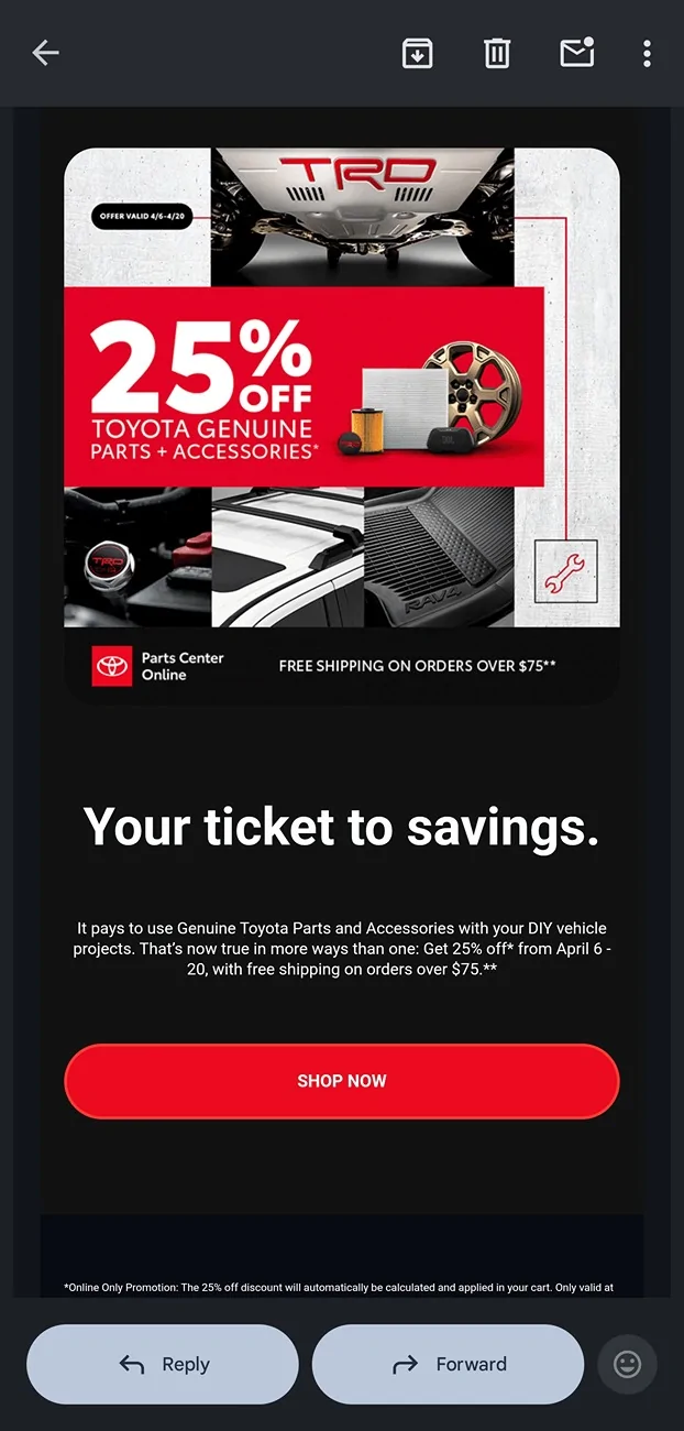 2025 2026 4runner 6th gen Any Toyota dealers that discount OEM parts? Screenshot_20260407_184339_Gmail