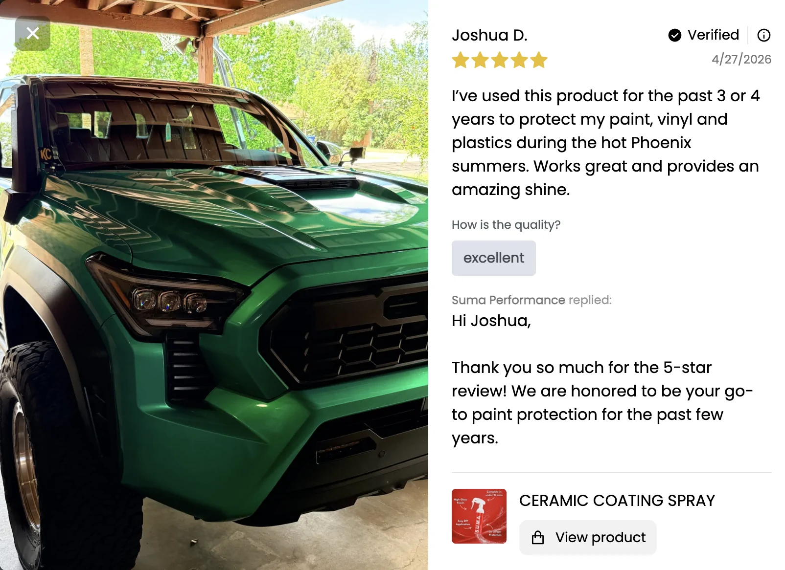 2025 2026 4runner 6th gen Customer Spotlight: 3 to 4 Years Using Suma Ceramic Spray in Phoenix Heat Screenshot 2026-04-28 at 2.03.30 PM