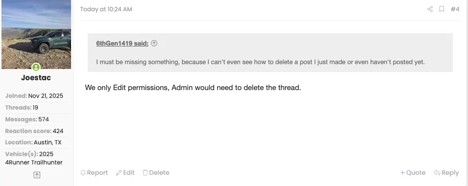 2025 2026 4runner 6th gen How to delete a thread that I started Screenshot 2026-06-05 at 12.14.32 PM