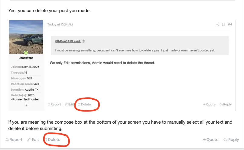 2025 2026 4runner 6th gen How to delete a thread that I started Screenshot 2026-06-05 at 12.27.23 PM