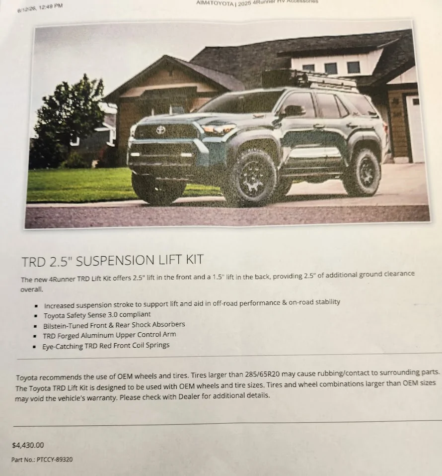 2025 2026 4runner 6th gen Any updates on OEM 2.5" TRD Suspension Lift? 20260616_131946
