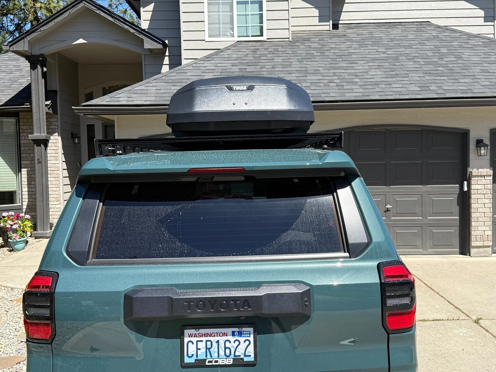2025 2026 4runner 6th gen Thule cargo box carrier installed on Westcott roof rack platform IMG_4738