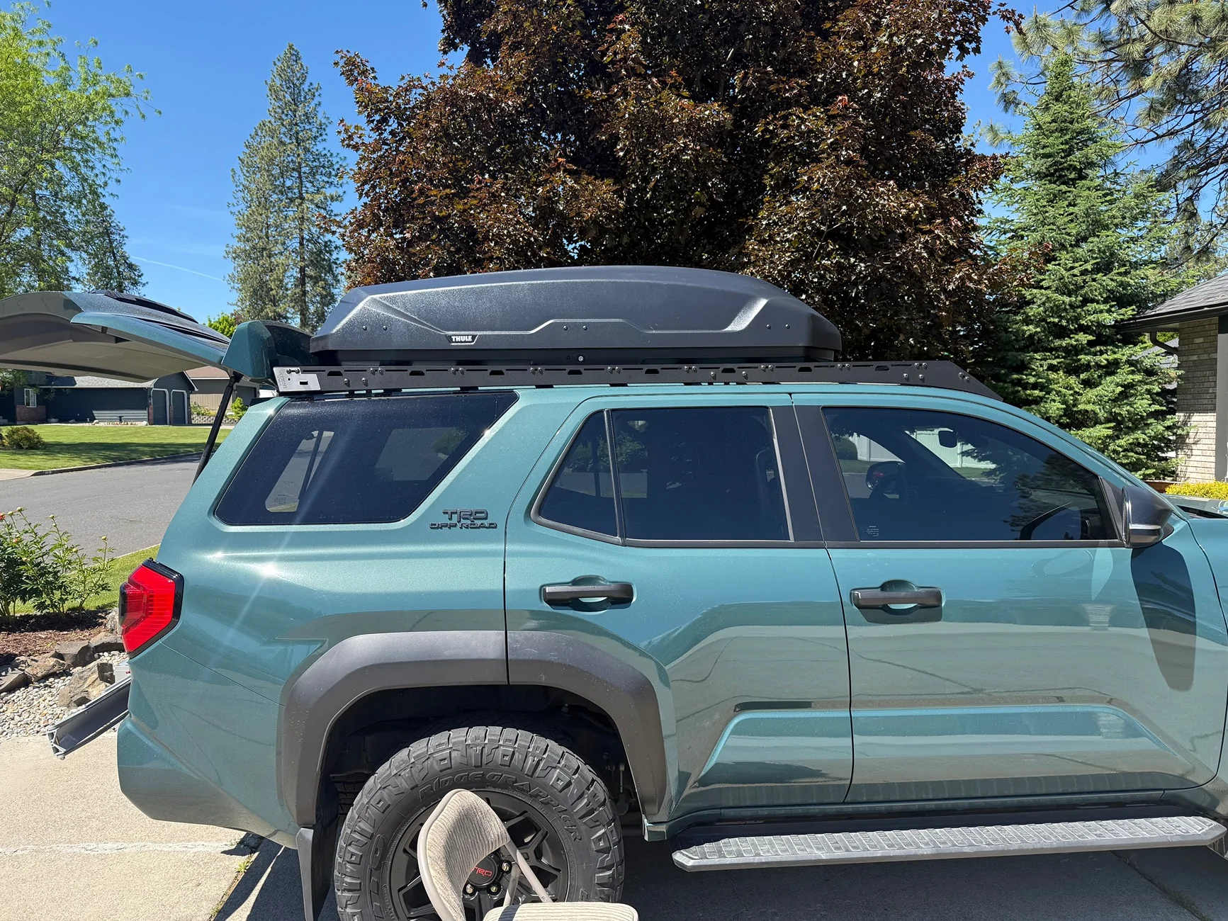 2025 2026 4runner 6th gen Thule cargo box carrier installed on Westcott roof rack platform IMG_4735