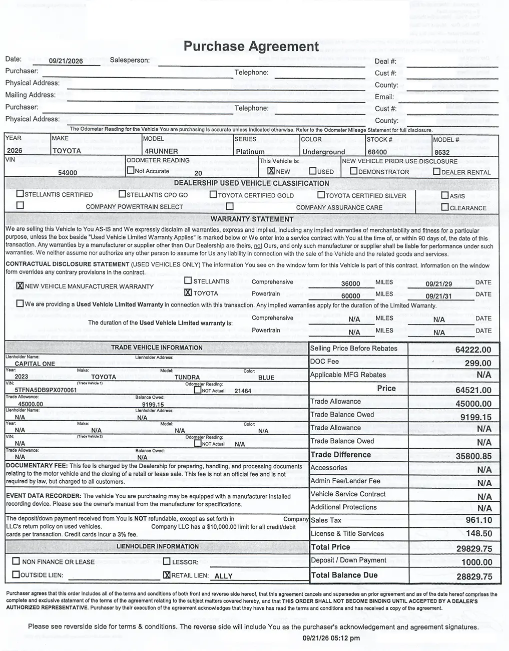 2025 2026 4runner 6th gen My Journey For A 2nd Platinum 2026-09-21 4Runner Sale Paperwork Redacted