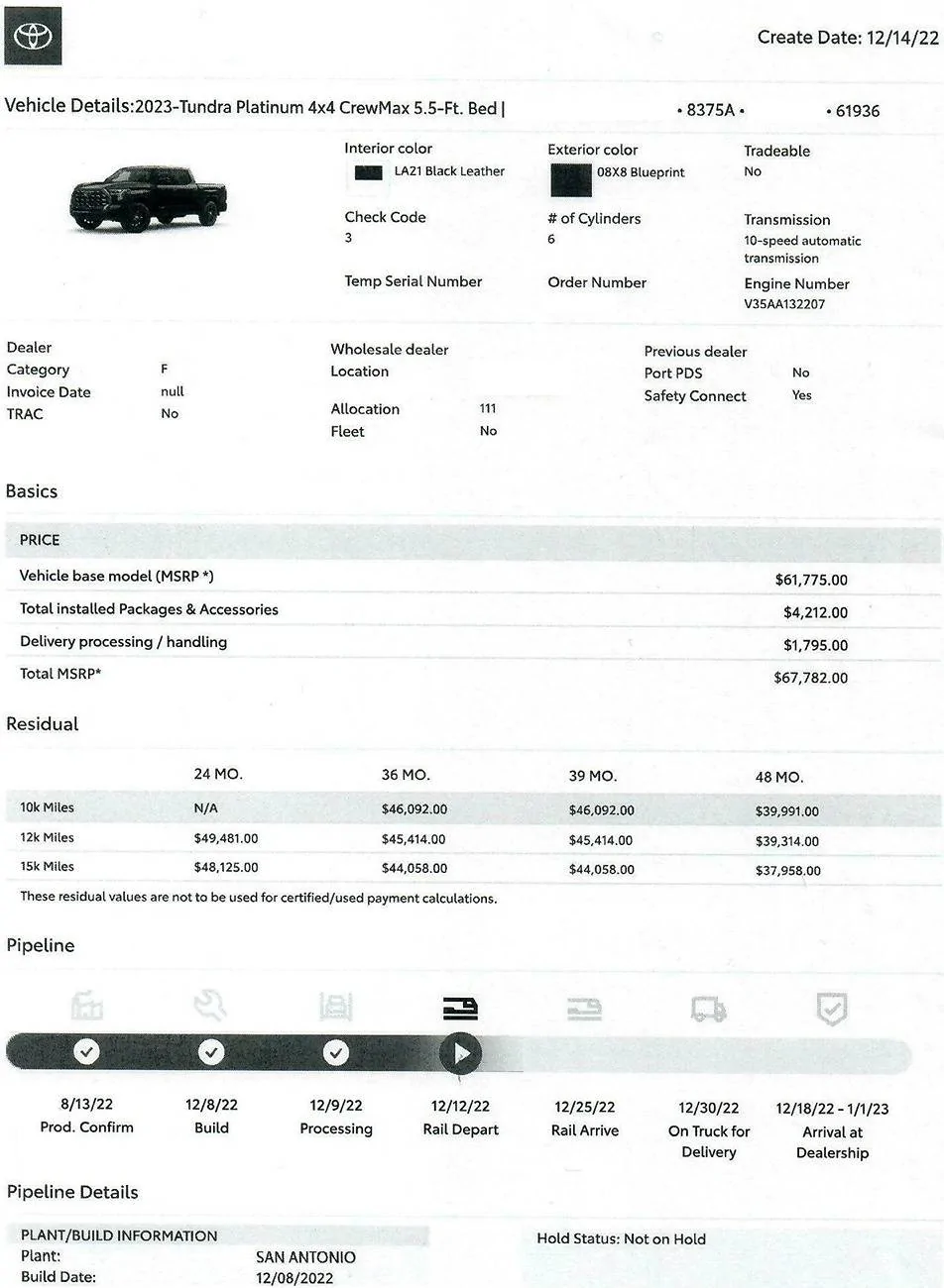 2025 4runner 6th gen Tracking Build Status / Allocation Location by VIN? 2023 Tundra Status 1