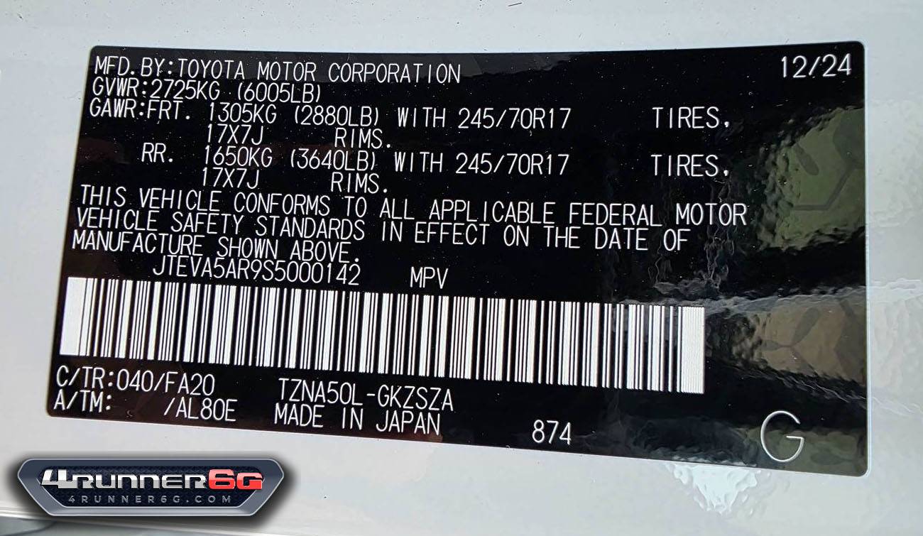 2025 4runner 6th gen Door Jamb Stickers: Payload Capacity & GVWR Numbers payload gvwr door sticker labels SR5 2WD 2025 4Runner 6th Gen 3