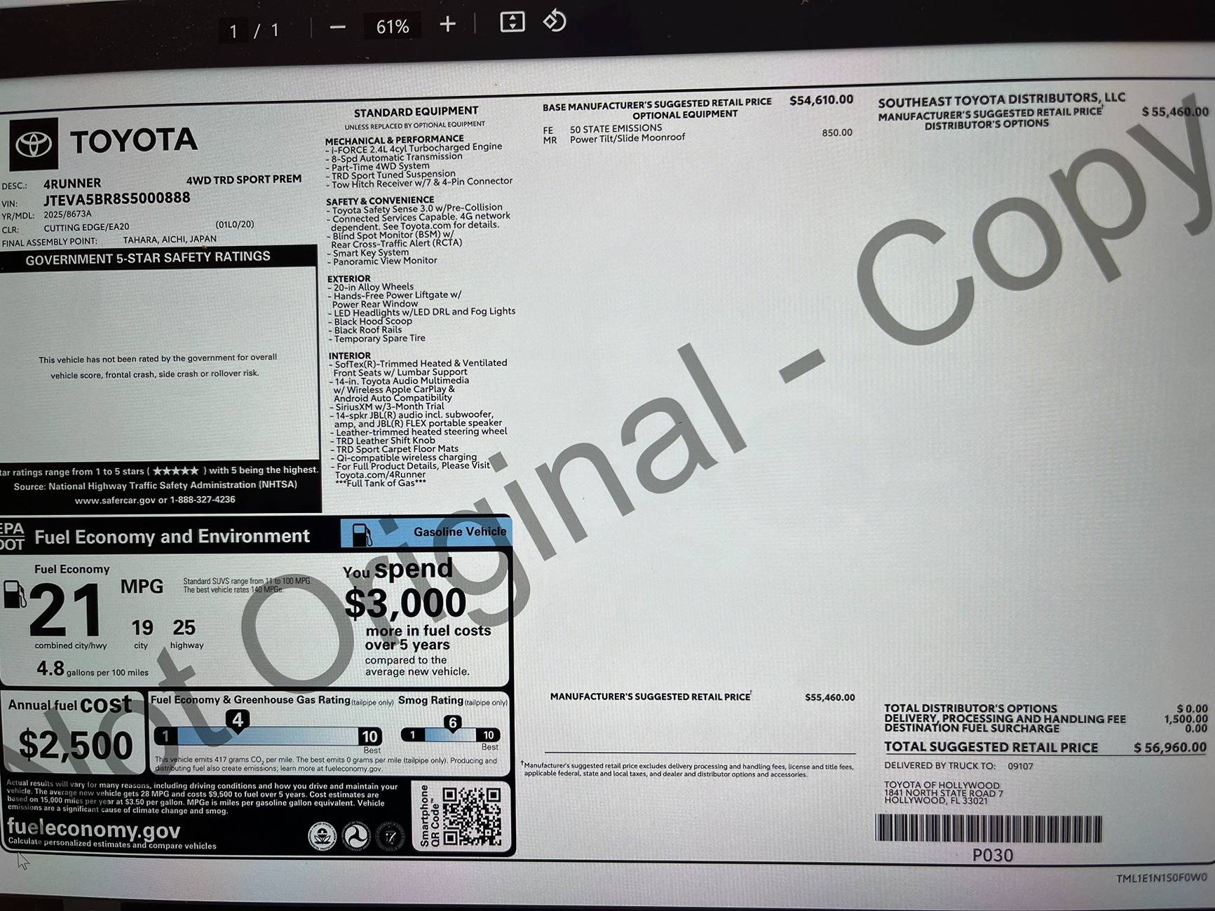2025 4runner 6th gen Window Sticker Sales Price vs. Offer Sales Price IMG_1935
