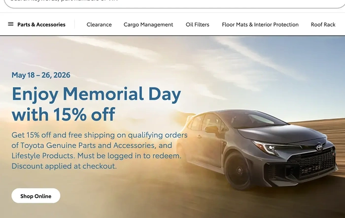 15% sale on Toyota OEM parts for Memorial Day - 2026