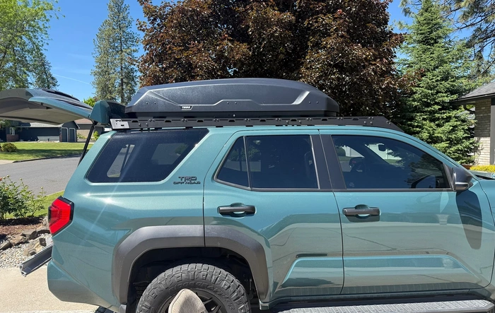 Thule cargo box carrier installed on Westcott roof rack platform