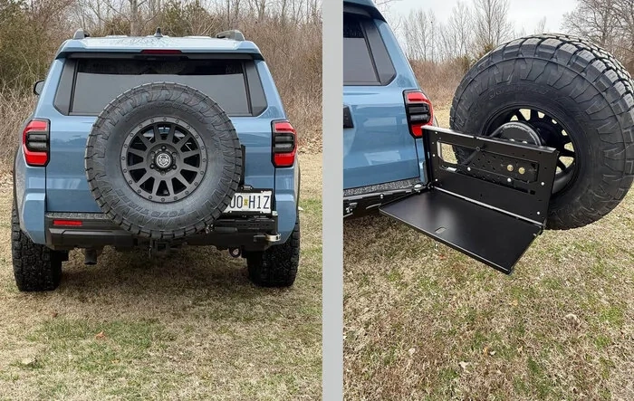 Dirtcom trail swing spare tire carrier installed