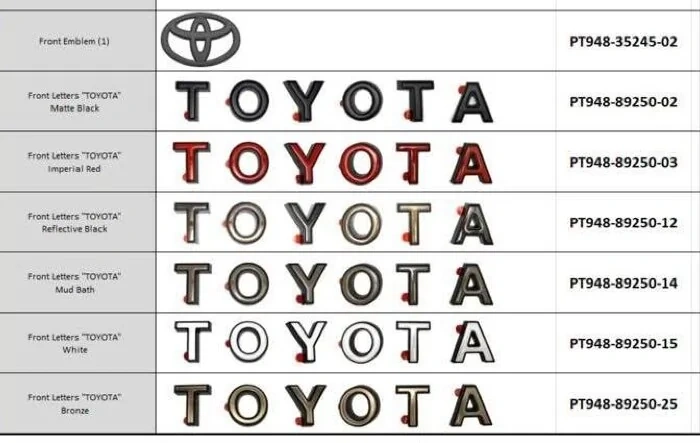Heritage Grille letters - color matched overlays part numbers (Matte Black, Imperial Red, Reflective Black, Mud Bath, White, Bronze)