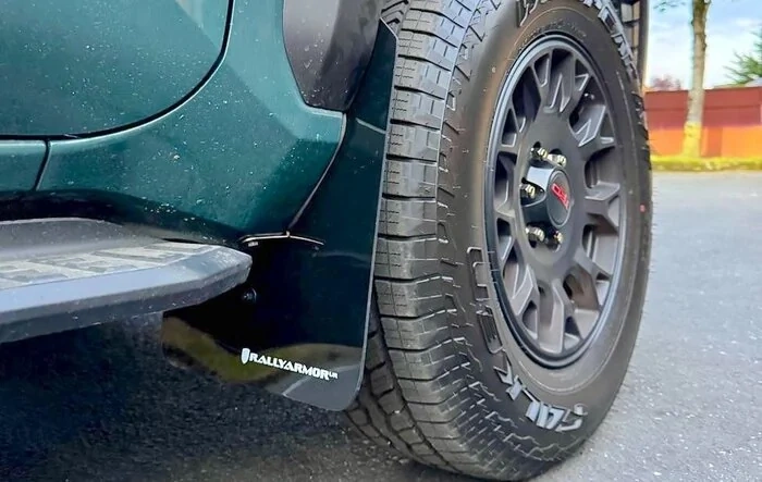 Rally Armor Mud Flaps (white letters) installed on Everest TRD-Off-Road