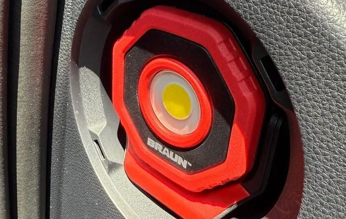 Better LED flashlight than OEM for side dash storage cubby (Braun Pocket Flood Light $30). Videos added