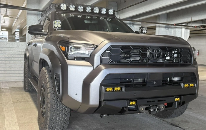 TRD ORP build: Satin Dark Gray wrap, Dissent winch bumper, 12k winch, Baja lights, 285/75/17 KO2 tires, Black Rhino +25mm offset, roof rack mods!
