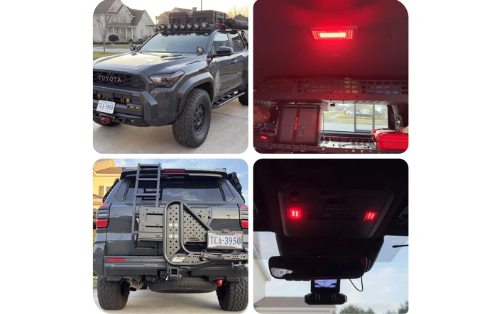 Installed: Meso Customs Map Dome Lights, red rear recovery hook, LAMTTO 360-deg 4-channel dash cam, Racksbrax HD quick release awning mounts